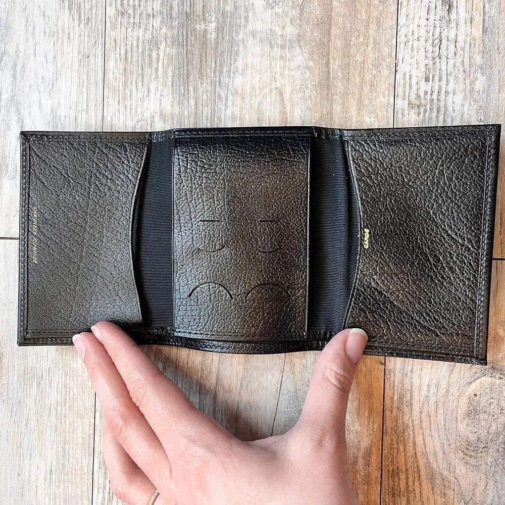 Vintage Shrunken Cowhide Trifold Wallet Black Genuine Leather